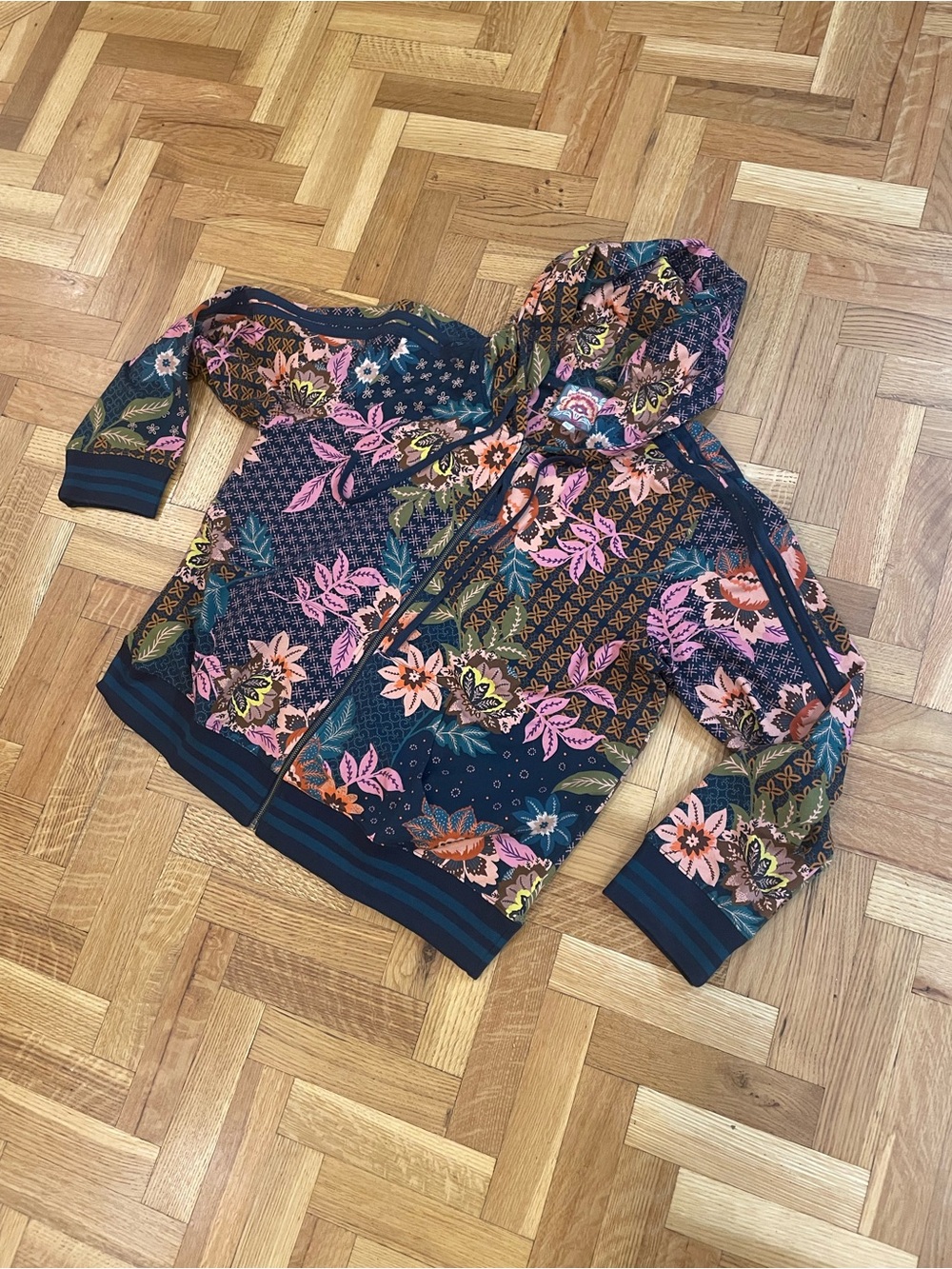 Johnny Was Navy Floral Zip Hoodie with Pink & Green Accents